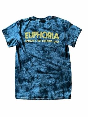 EUPHORIA Tie-Dye Crewneck Tee in Blue with Yellow Logo - Size S
